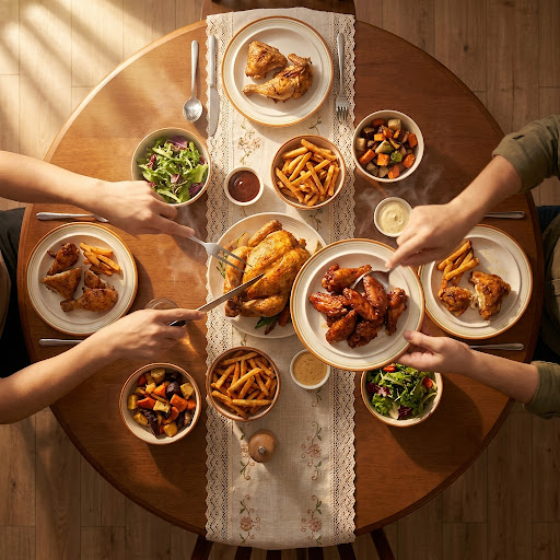 Overhead view of a lavish Indian feast laid out on a round table, featuring tandoori chicken, biryani, and various traditional side dishes.