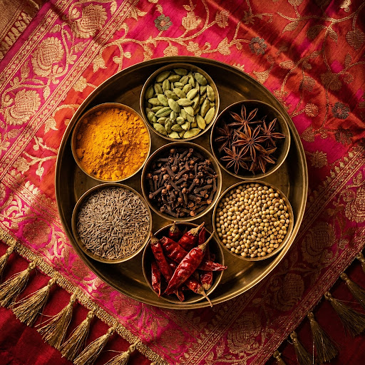 Traditional brass masala dabba containing various whole Indian spices like cardamom, cloves, and star anise on a vibrant pink and brown fabric background.