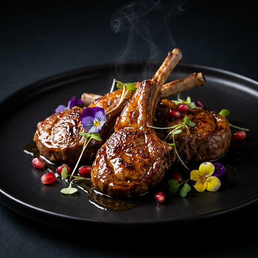 Artfully plated lamb shanks with pomegranate seeds and edible flowers on a minimalist matte black plate